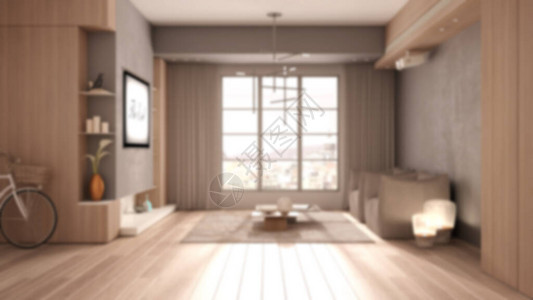 模糊背景室内设计米色调的简约客厅木质和混凝土细节窗户窗帘镶木地板扶手椅和地毯背景图片