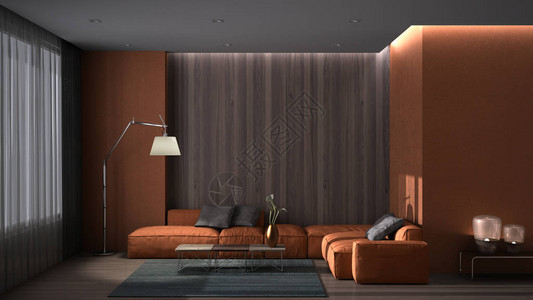 豪华的最小客厅铺有镶木地板混凝土墙和木板带枕头的大沙发地毯和咖啡桌落地灯窗帘橙图片