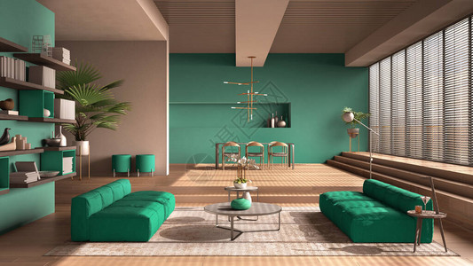绿松石色调的现代大厅带台阶的镶木橡地板的开放空间沙发地毯和咖啡桌带椅子和灯的餐桌简图片