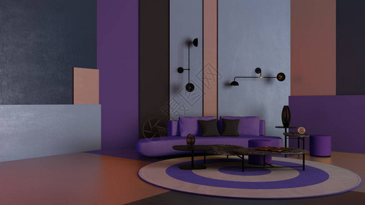 色彩缤纷的客厅带紫色沙发的休息室咖啡桌和装饰石膏色面板圆形地毯壁灯带复制空间的背景世博会背景图片