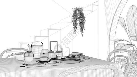 蓝图项目草案带桌椅的复古餐厅自助早餐经典吊灯带盆栽植物的拱门最小的楼图片