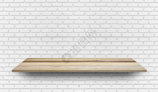 白砖墙图案背景的空木板架产品显示模拟广告横幅图片