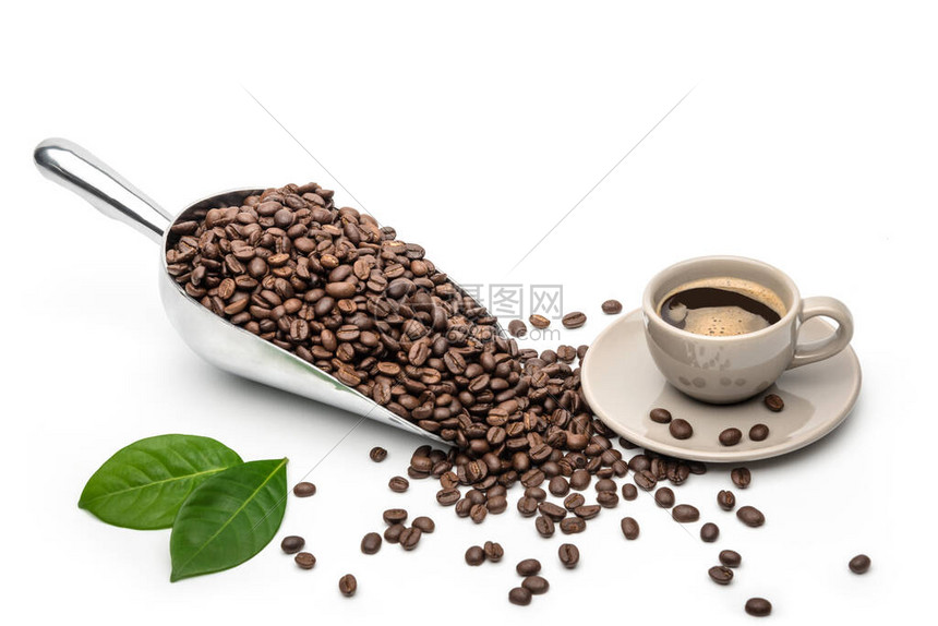 勺子咖啡勺和咖啡豆在白色背景上用热咖啡杯烤图片