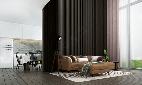现代豪华客厅室内设计和木条纹理墙图案背景和厨图片