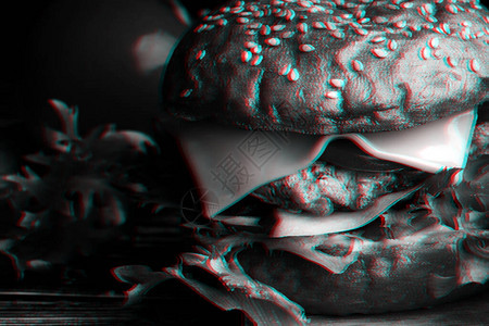 含有肉奶酪生菜番茄和洋葱的多汁汉堡包快餐关闭宏观黑白配有3D大故障图片