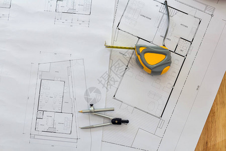 关于蓝图建筑概念的测量工具和分解器或指南针图片