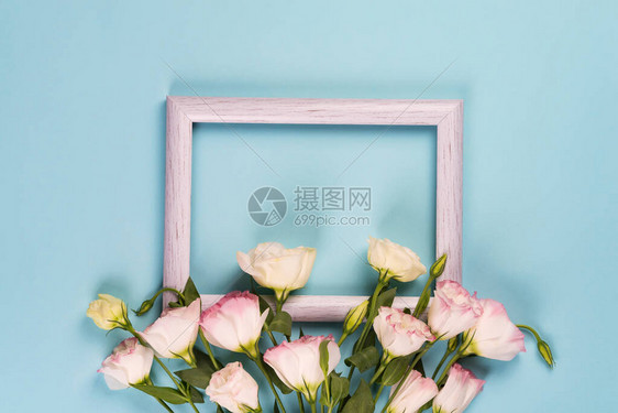 蓝纸背景上的空灰色边框和花朵末端图片