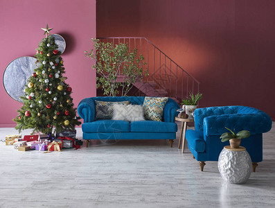 酒红色墙壁圣诞客厅酒红色概念与蓝色和灰色沙发家居装饰办公桌诺埃尔图片