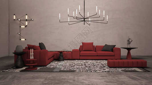 带混凝土石膏墙和地板的彩色客厅带大红色沙发的休息室边桌和装饰地毯墙壁和吊灯世博会背景图片