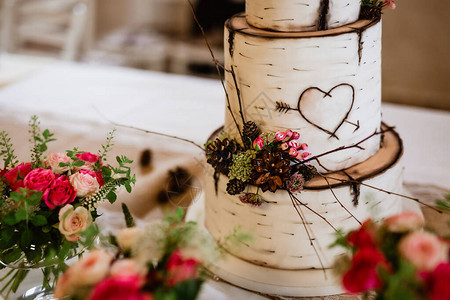 模仿树干白桦片的婚礼3层蛋糕蛋糕辅以自然装饰图片