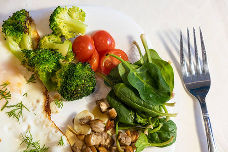 西兰花蘑菇大蒜菠菜莳萝和小西红柿的健康饮食早餐紧贴在白盘上图片