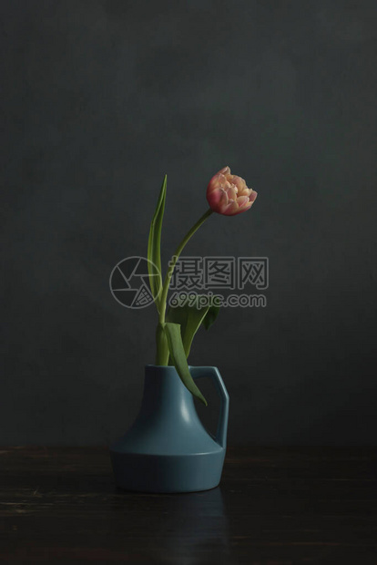 粉红色的郁金香在古老的蓝色花瓶图片