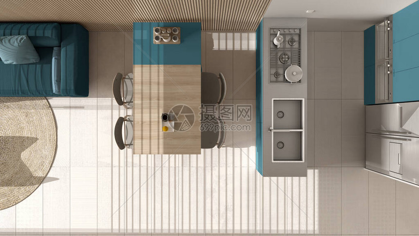蓝色调和木墙细节的现代客厅沙发带椅子的餐桌带岛和电器的厨房图片