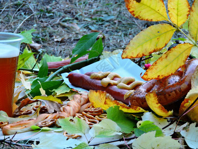 秋季野餐庆祝十月节的概念啤酒巴伐利亚香肠和椒盐脆饼大自图片