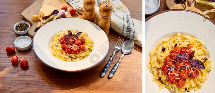 在木制桌上配有餐具餐巾纸调味料和阳光下成份的番茄加西红柿的美图片