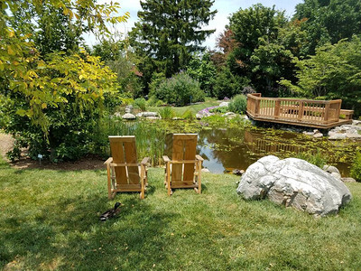 小型池塘包括木制椅子火炉木观图片