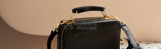 黑色皮黑手提包有金色拉链的蜜蜂背图片