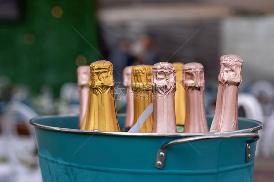 将各种香槟放在冰桶中其背景模图片