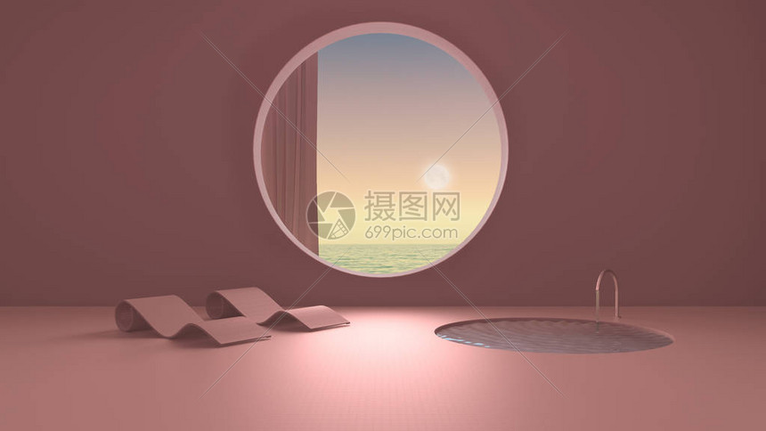 虚构的虚构建筑带窗帘的圆窗混凝土粉色墙壁带躺椅的游泳池日出落海全景的图片