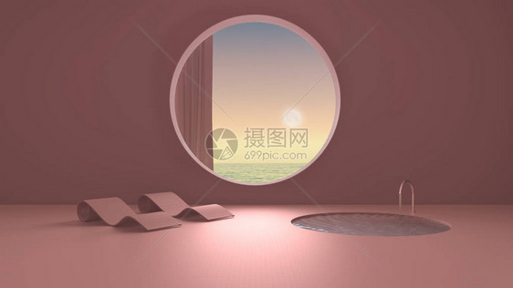 虚构的虚构建筑带窗帘的圆窗混凝土粉色墙壁带躺椅的游泳池日出落海全景的图片