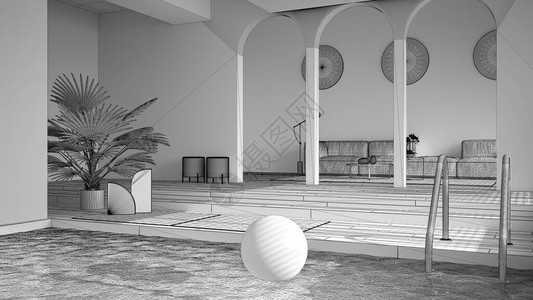 暂未开放未完成的项目草图简约的客厅带台阶的镶木地板的开放空间拱门沙发地毯和盆栽植物游泳池背景