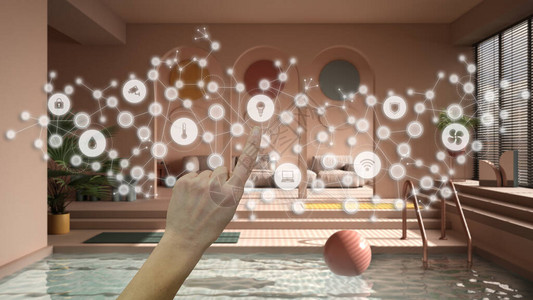 发光的智能家居界面几何背景连接线和显示物联网系统的点客厅游泳池家庭自动化图片