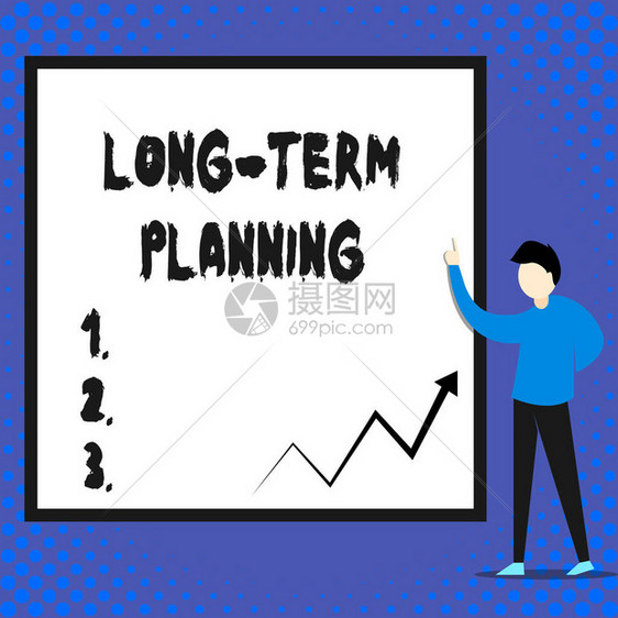 显示长期规划的书写笔记提前五年或更长时间建立预期目标的商业概念站着指向空白矩形图片