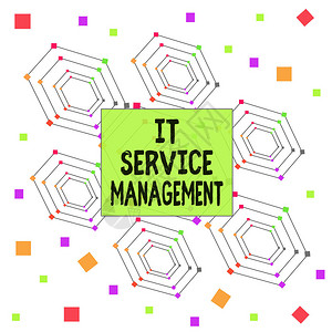 显示IT服务管理的文本符号以技术为中心的六边形同心图案随机散布彩色方块的政策生命周期政策指导的图片