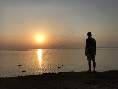 一个人在海边遇见黎明一个人在早晨看着太阳从海面上升起海边的日落图片