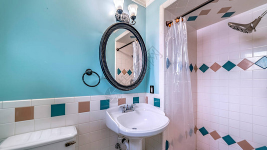 全景自由站式水槽厕所和浴室内有塑料幕的淋浴区图片