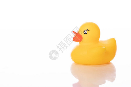 一只在白色背景上被孤立的小型橡皮鸭duck浴玩具用于婴儿淋浴儿童快图片