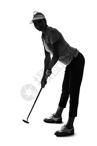 美丽的女高尔夫球手在白色上被隔离的剪影图片