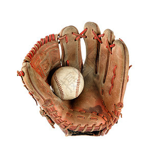 古老的棒球手套手握在棕榈上的棒球隔图片