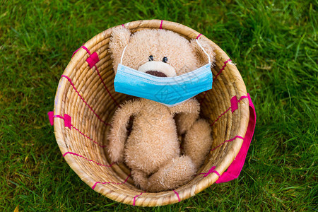 带着面具的篮子里的可爱泰迪熊图片