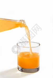 将橙色苏打水倒入透明玻璃杯中背景图片