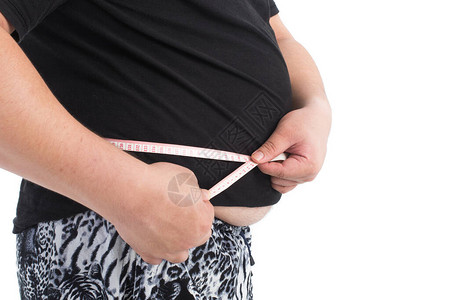 胖子测量他的腰围饮食概念背景图片