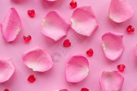 粉红色背景的粉红玫瑰花瓣情人节或图片