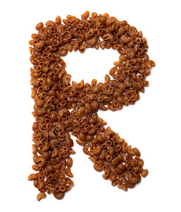 来自白色孤立背景的荞麦苋菜粉干意大利面的英文字母R由通心粉管制成的食物图案商店图片