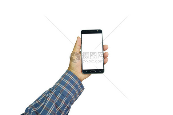 商人手中的智能手机在白色背景上被隔离着图片