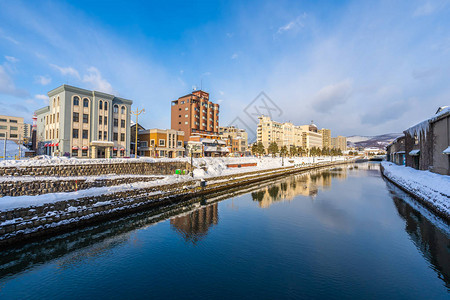 日本北海道冬季和雪季的大田运河风景美图片