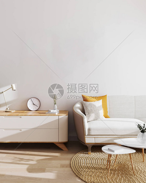 现代内部背景样机带白墙的和现代简约家具斯堪的纳维亚风格图片
