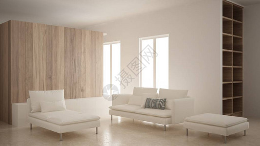 极简主义带木墙的现代客厅沙发躺椅和蒲团石灰华大理石地板图片