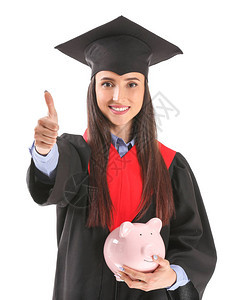 女毕业生有小猪银行在白色背景上显示缩略图片