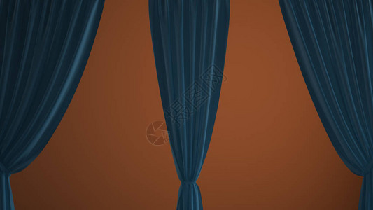 蓝开窗帘覆盖橙色背景前视剪切路径垂直折叠软拖线纺织品纹理带有复制空图片