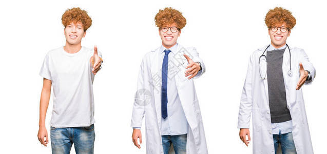 年轻的医生在孤立的白色背景上穿着医用外套的拼贴画图片