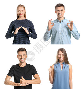 聋哑人在白色背景下使用手语图片