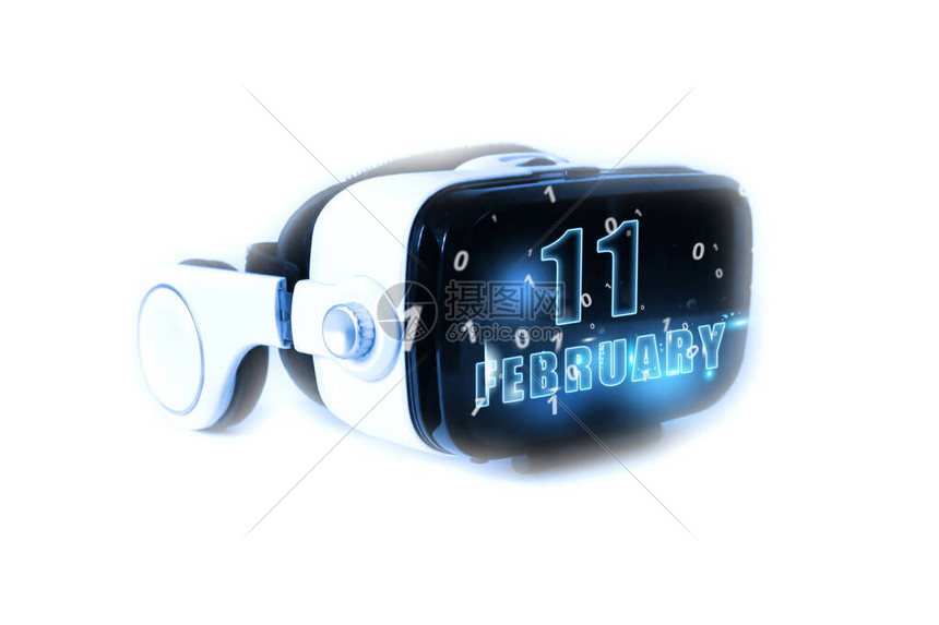 2月11日每月第11天日历期月份和日期在虚拟现实头盔或VR眼镜上发光虚拟技术未来3D现实虚拟日历规划时间管理用于网页设计的日历图片