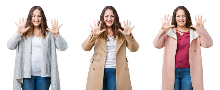 美丽的大码女人穿着冬季夹克在孤立的背景下展示并用十号手指向上方图片