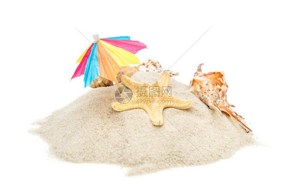 沙滩雨伞和贝壳在沙堆上图片