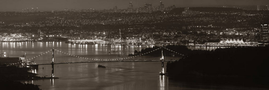 城市桥梁温哥华市山顶夜景与建筑物和桥梁背景